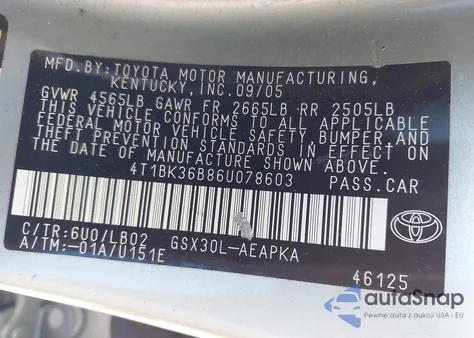 2006 Toyota Avalon Limited из США, поврежденный, VIN 4T1BK36B86U078603